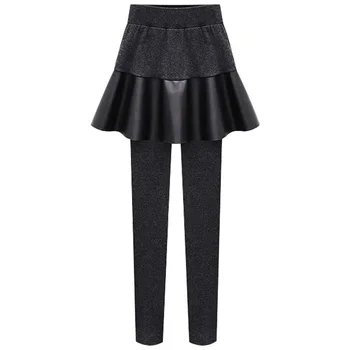 

Winter 6Xl Fake Two Pieces Pu Skirt Pencil Pants Skinny Women Knitting Velvet Elastic Waist Keep Warm Trousers