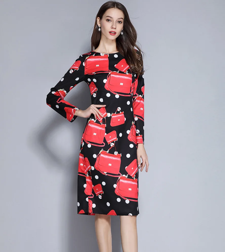 

New Fashion 2019 Spring Summer Women's Runway Dress Long Sleeve Polka Dots Printed Red Bag Office Ladies Bodycon Black Dresses