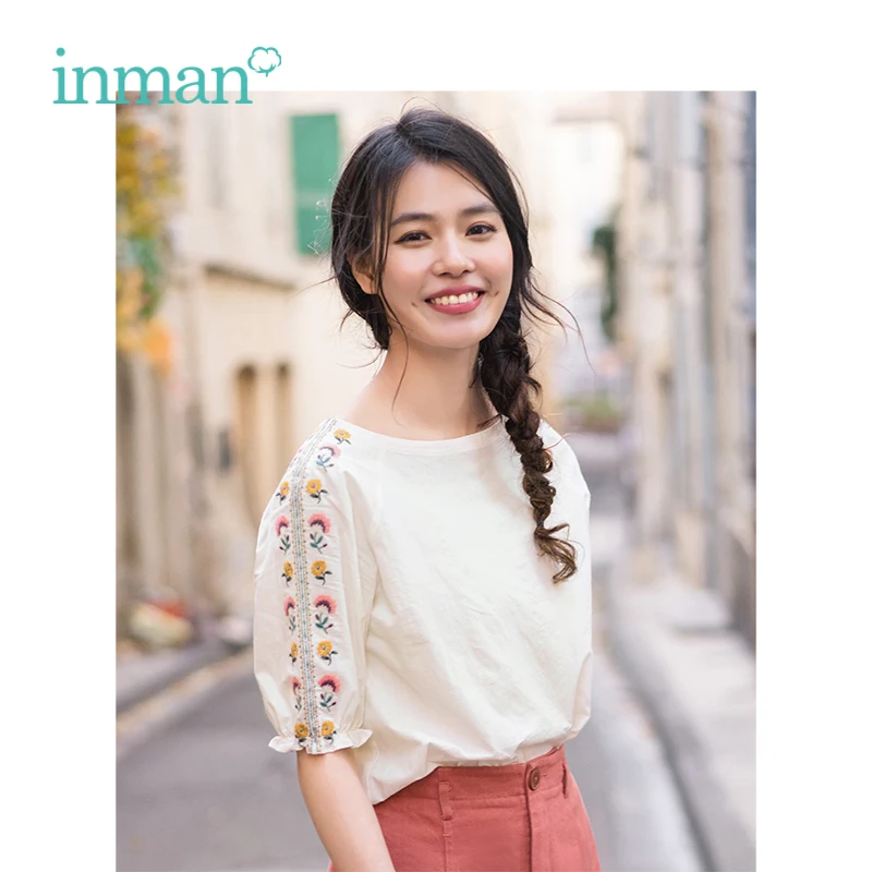 

INMAN 2019 Summer New Arrival Boat Collar Literary Embroidery Holiday Slim Short Sleeve Women Shirt