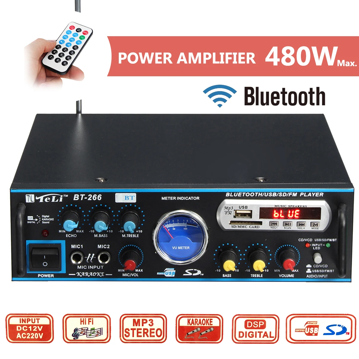 

480W 220V 12V bluetooth Audio Amplifier FM 2CH HIFI Stereo Power Amplifiers Car Home Theater Amplifiers Audio Karaoke Expander