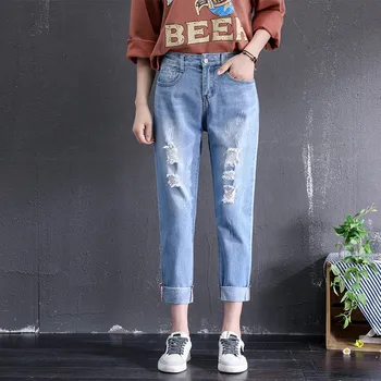 

Large Plus Size Ripped Boyfriend Jeans High Waisted Baggy Jeans For Women Cuffs Ankle Jeans Female Elasticity Denim Pants