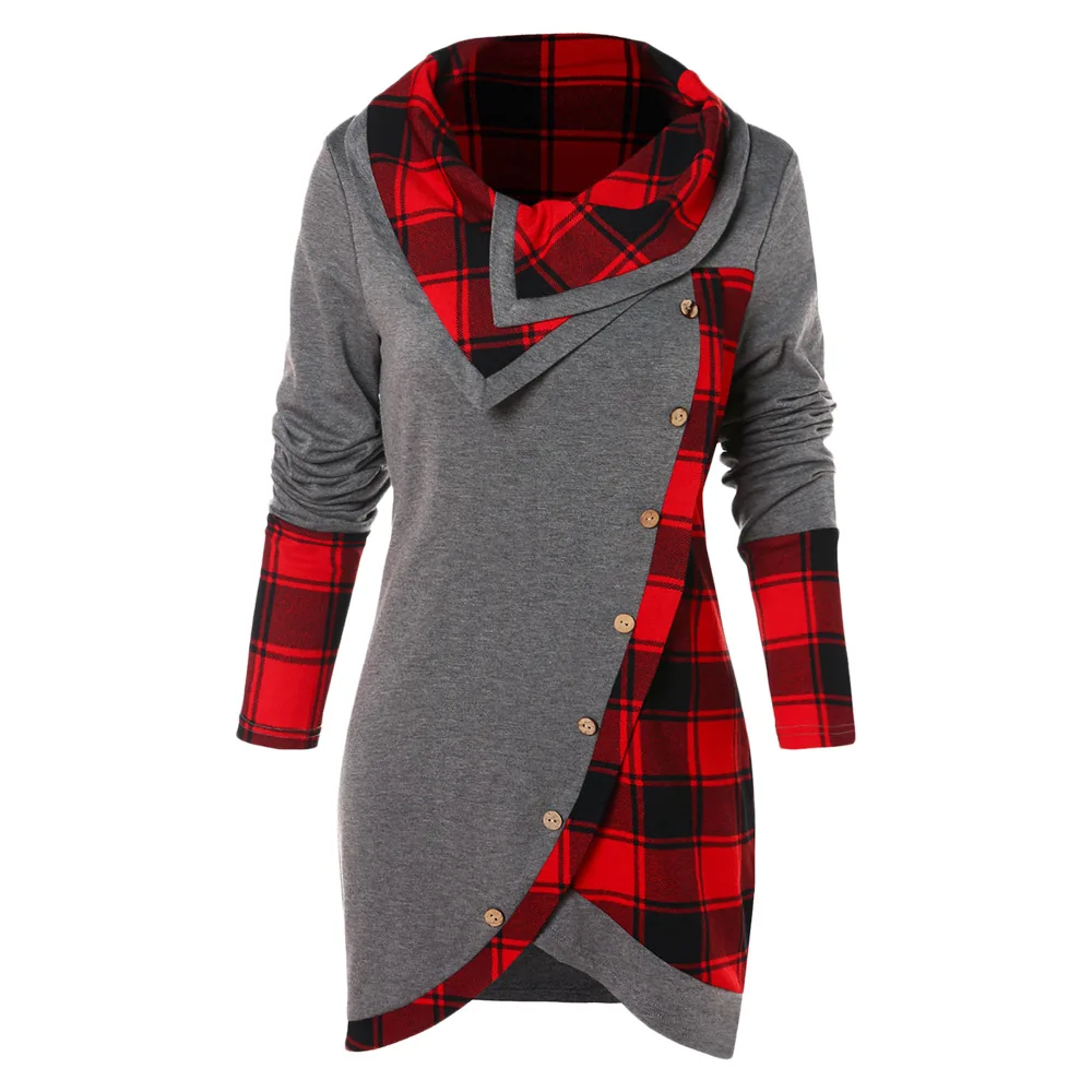 

Joineles Tartan Panel Asymmetrical Women T-Shirt Turn Down Collar Long Sleeve Button Up Women Tops Casual Color Block Tees