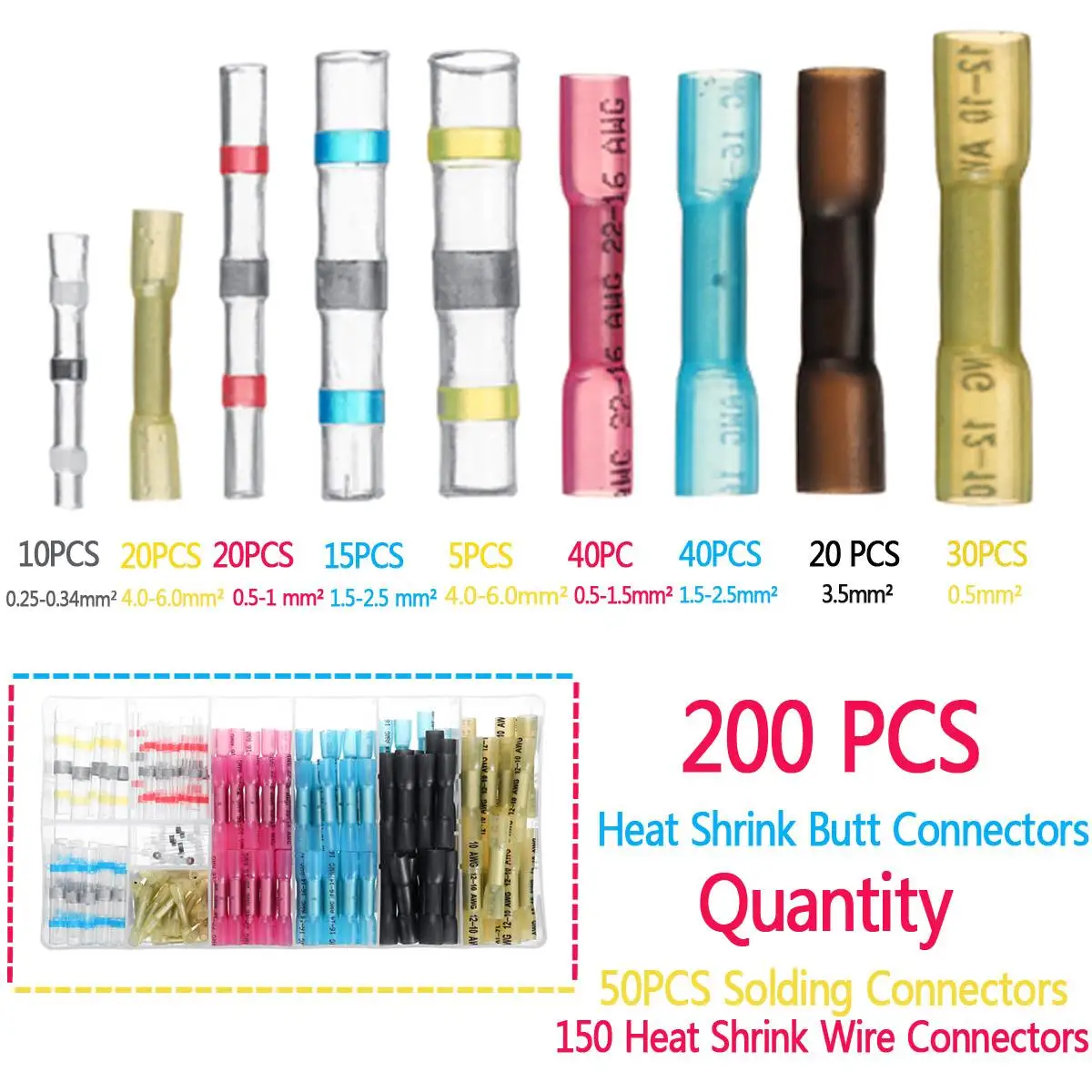 

200pcs Assortment Heat Shrink Butt Crimp Wire Connector Waterproof Solder Sleeve With Box