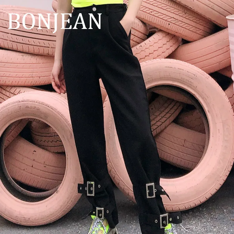 Bonjean Высокая талия прямые брюки для Для женщин Нижняя 2019 Весна Костюмы Повседневное черные брюки женские красные длинные штаны BJ942