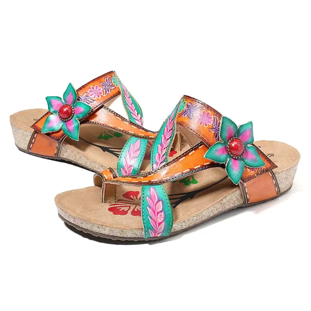  SOCOFY Hand Painted Genuine Leather Splicing Retro Gems Floral Adjustable Hook Loop Sandals Summer 