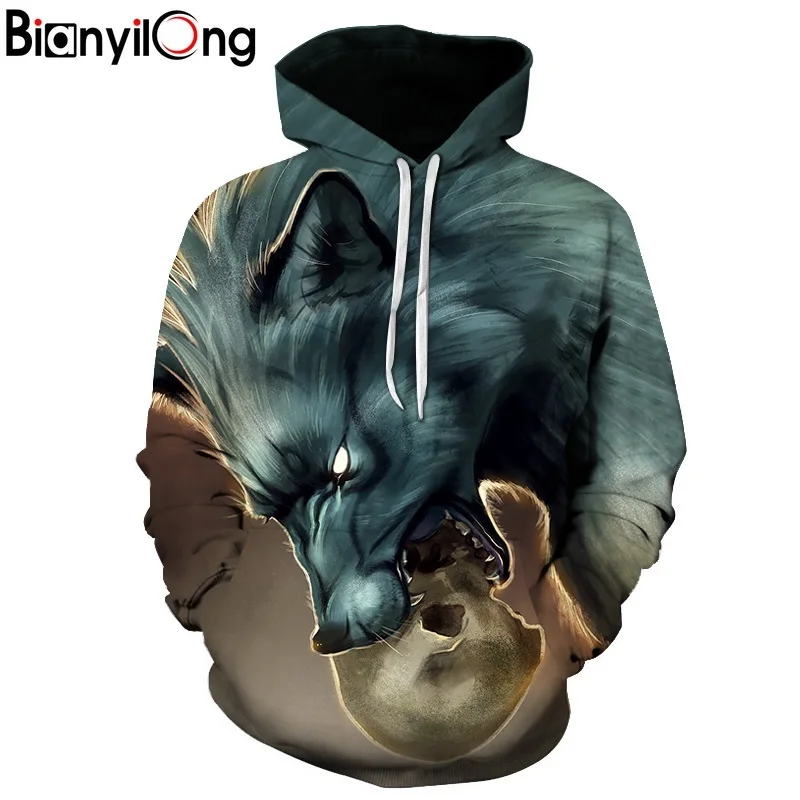 

wolf Bite Head Hoodies Men Women Fashion Autumn Winter Pullover Hoody Tops Polerones Hombre Casual Hip Hop 3D Hooded Sweatshirt