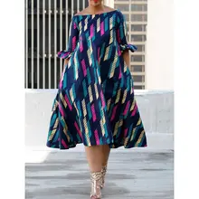 Women Midi Dress Sexy Off Shoulder Print Color Block Summer 2019 Trendy Plus Size Robe A Line Elegant Casual Street Day Dresses plus size color block open shoulder dress
