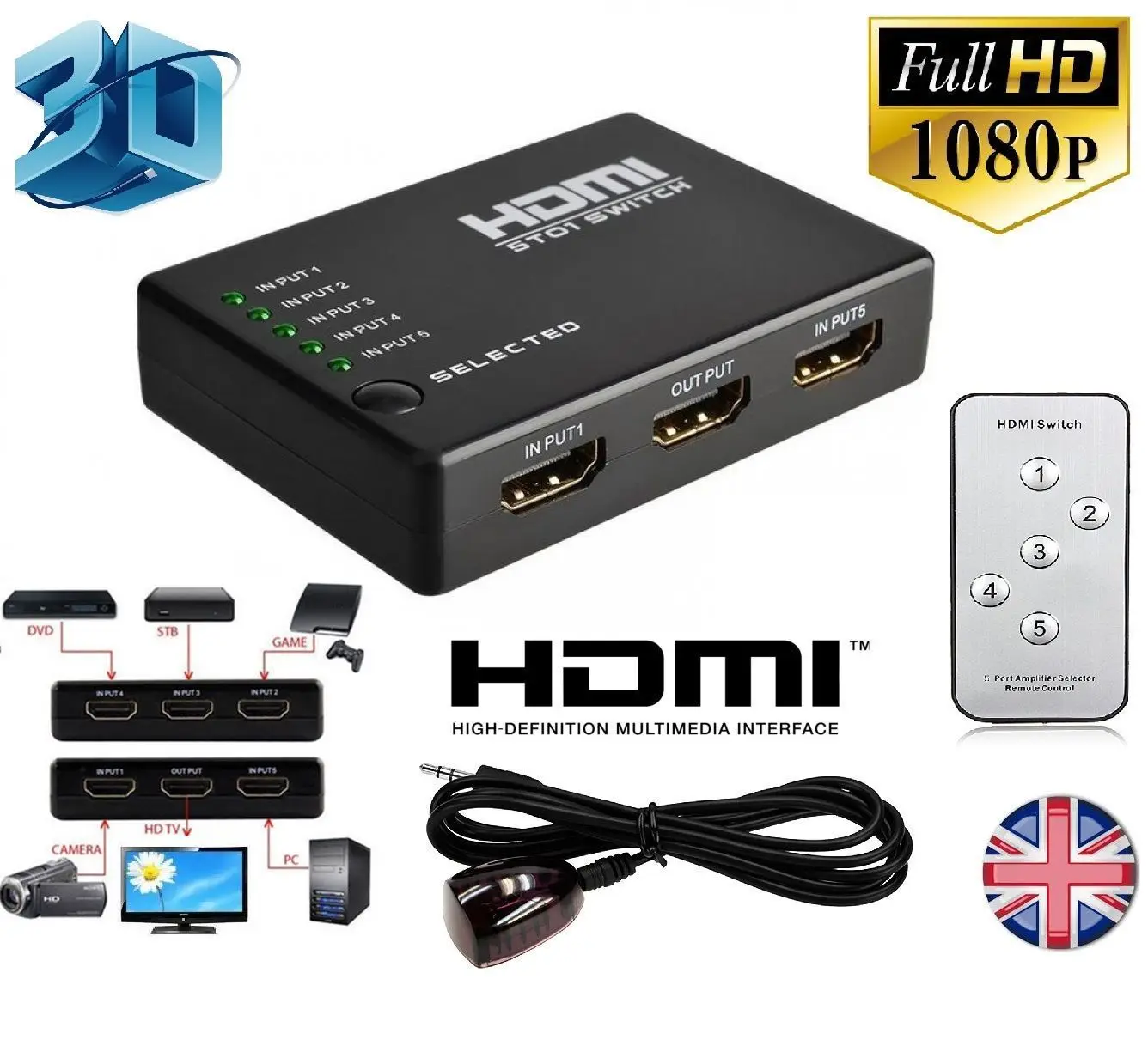 

Hot 2019 5 Port 1080P Video HDMI Switch Switcher Splitter for HDTV DVD PS3 + IR Remote