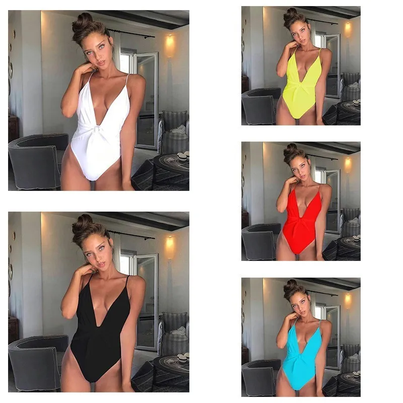 

Soft Comfortable Thin Strap Swimsuit One Piece Ruffle Bow Solid Swimwear Woman 2019 Backless Deep V Neck Bathing Suit Female