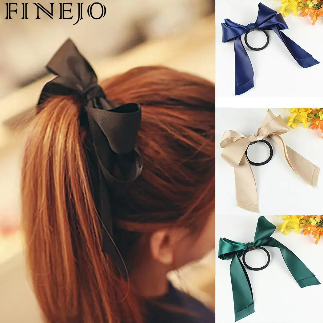 1pcs Women Rubber Hair Bands Tiara Satin Ribbon Bow Hair Band Rope