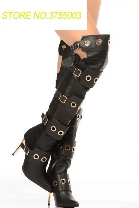 

Super Hot Black Leather Knight Boots Metal Golden Ring Buckles Ladies High Heel Boots Pointy Toe Ladies Knee High Boots Size 42