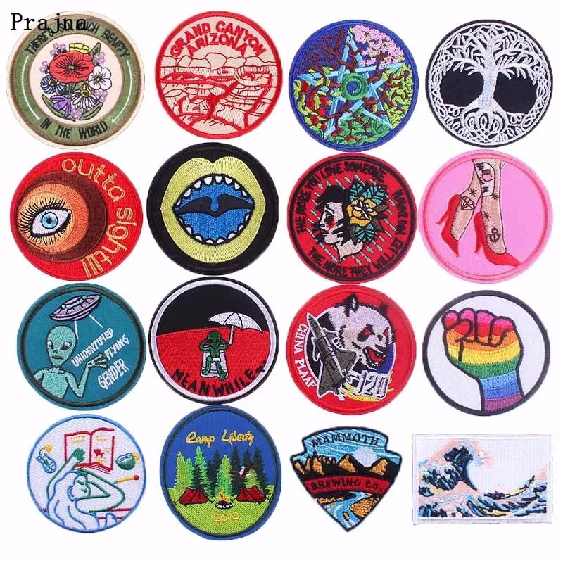 

Prajna Various Round Fashion Hippie Patch Iron on Robot The Great Wave of Kanagawa Stickers 3D DIY Clothing Jeans Badge Fabric H