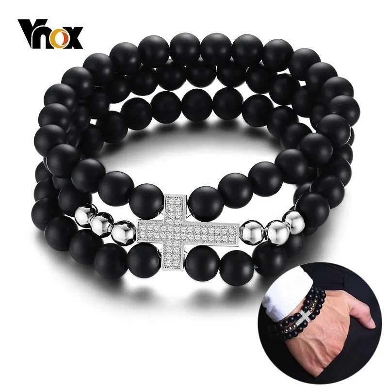 

Vnox Multi Layered Beads Bracelets Mens Cross Charm Bracelet Casual Male Religious Pulseira