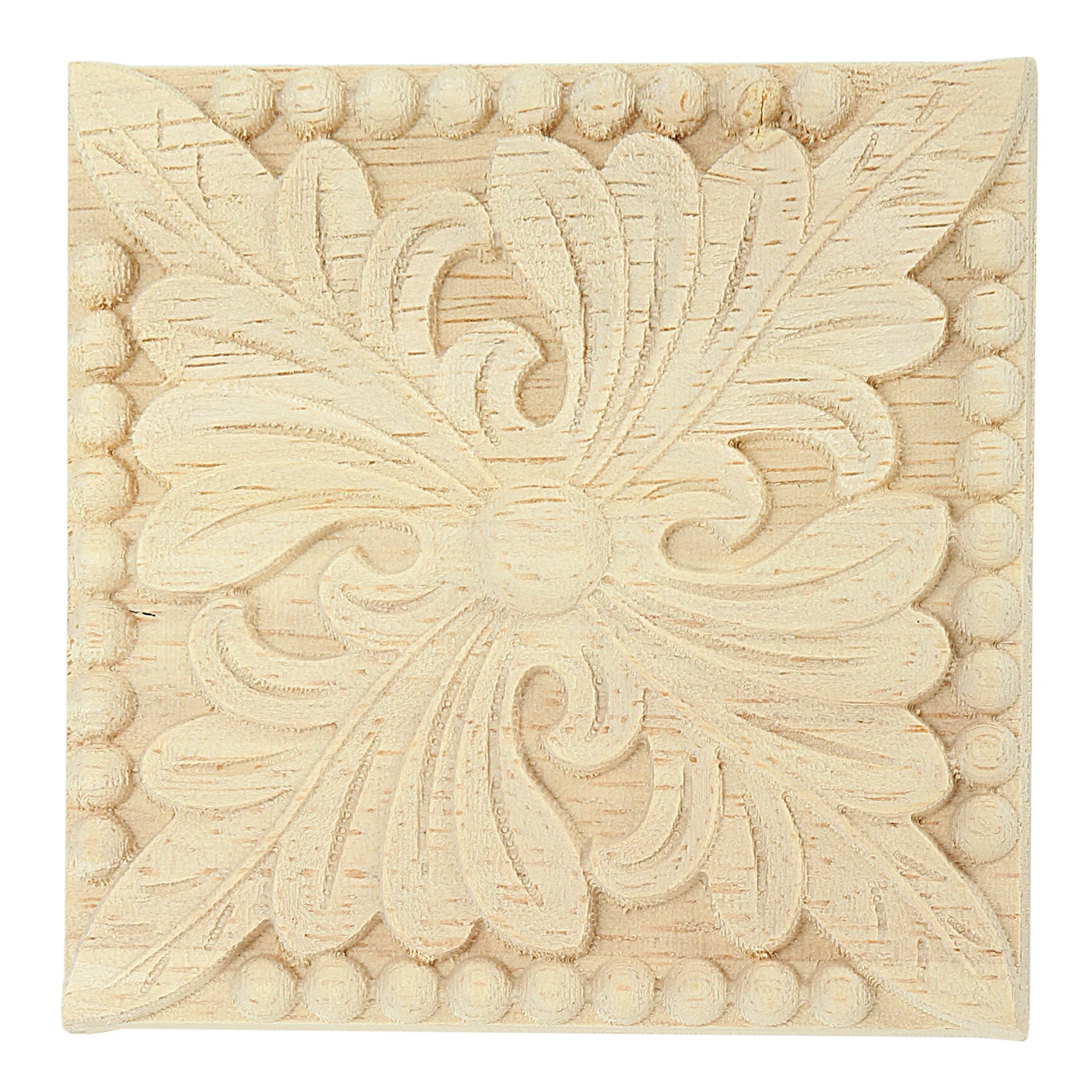 Natural Wood Appliques Square Flower Carving Decals Decorative Wooden