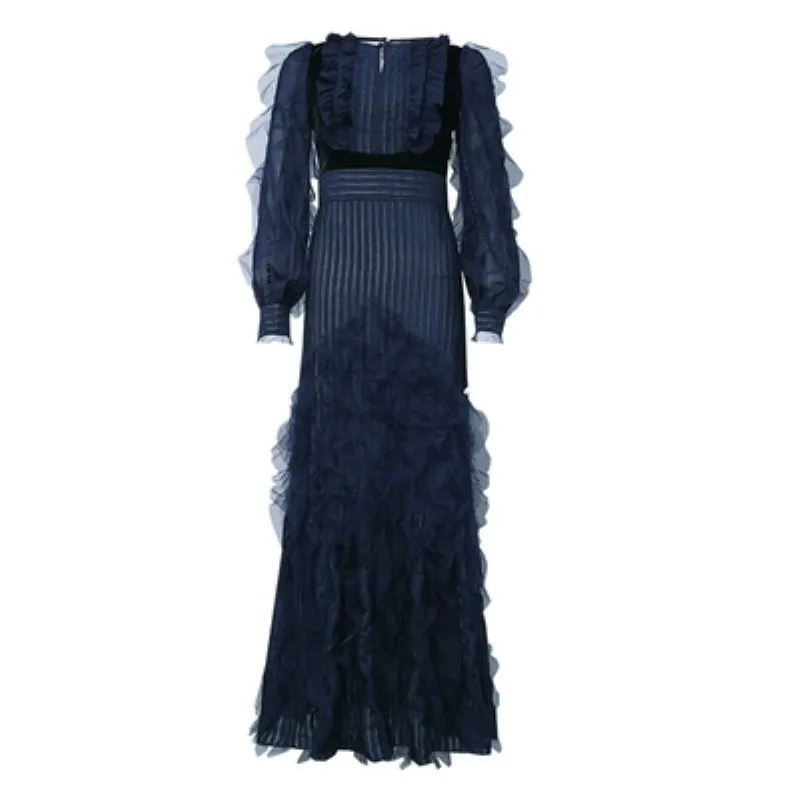 

Runway Designer Dress 2019 New Fashion Spring Vintage Navy Long Dress Elegant Ruffles Striped Luxury Party Dress