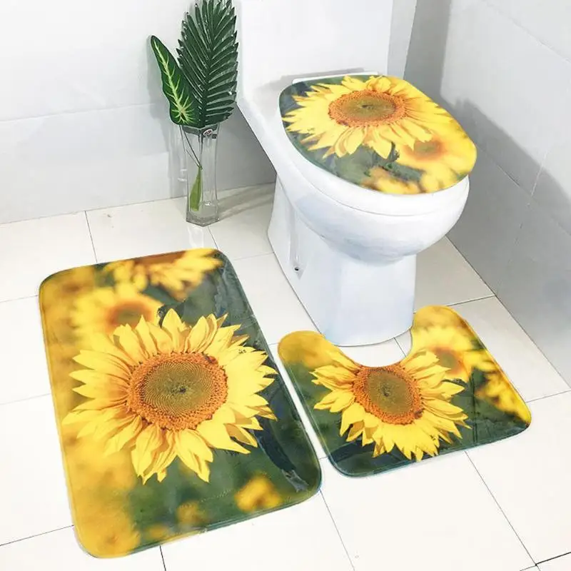 

3pcs/set Sunflower Pattern Bathroom Toilet Mats Rugs Floral Non-slip Bathroom Mats Bath Floor Toilet Cover Pastoral Home Decor