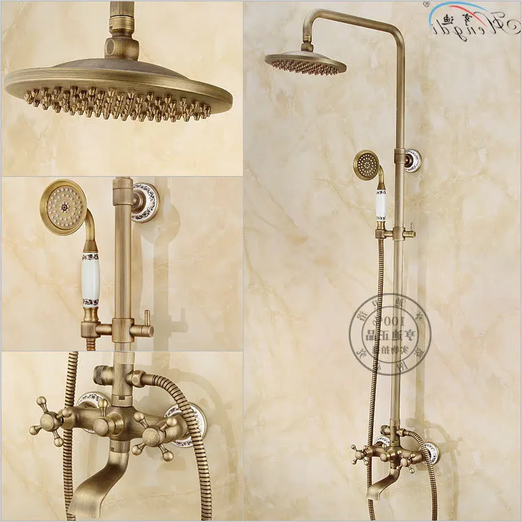 

Bathroom Retro Antique Copper Brass Bathtub Shower Set Wall Mounted 8" Rainfall Shower Mixer Tap Faucet 3-functions Mixer Valve
