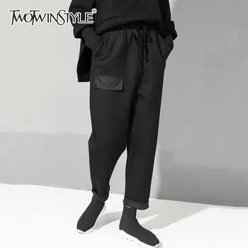 

TWOTWINSTYLE Black Trousers For Women High Waist Drawstring Ankle Length Harem Pants Female Plus Sizes 2020 Spring Fashion New
