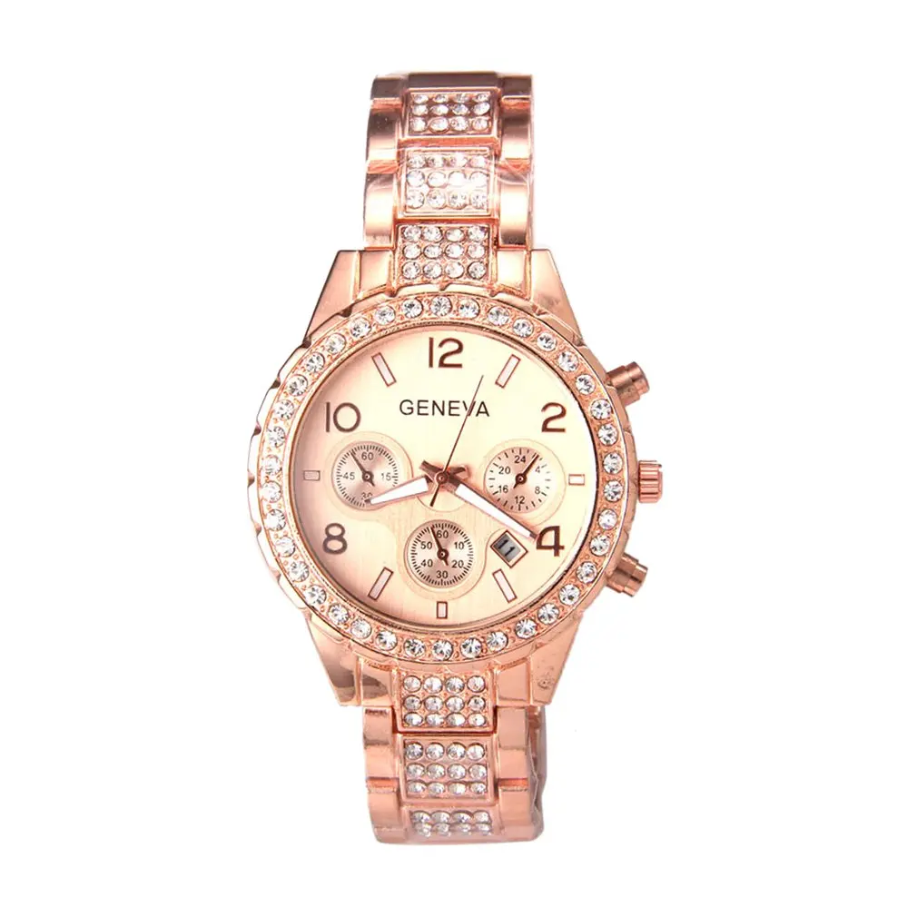 

Casual Women'S Watch Geneva Three-Eye Diamond Calendar Watch Alloy Steel Belt Quartz Watch Fashionable Point Of View
