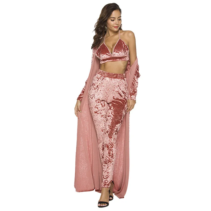 VITIANA Women Three Pieces Long Sets Female Velet Maxi Long Trench Cardigan Halter Bra Tops Full Length Pants Long Trousers VITIANA Women Three Pieces Long Sets Female Velet Maxi Long Trench Cardigan Halter Bra Tops Full Length Pants Long Trousers