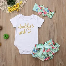 Одежда для новорожденных; Одежда для маленьких девочек, детская одежда, детские костюмы, короткий рукав Топы комбинезон спортивный костюм из мультфильма+ шорты с принтом+ повязка на голову, Повседневное летний комплект