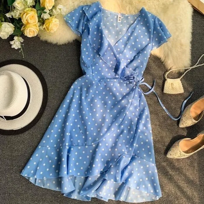 

2019 Summer Women Polka Dots Dress Short Wrap Dress Female Chiffon Beach Holiday Dresses Vestidos