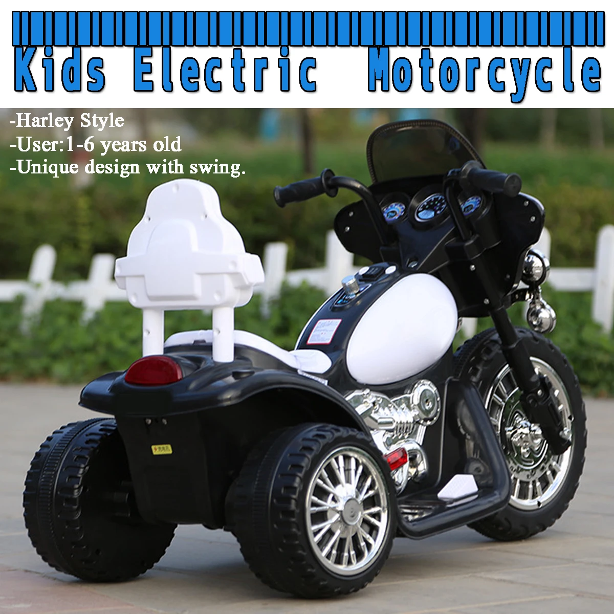 

Kids Electric Motorcycle 3 Anti Slip Wheels for Harley Style 1-6 Years Black & White New American Plug Style Child Motorbike Toy