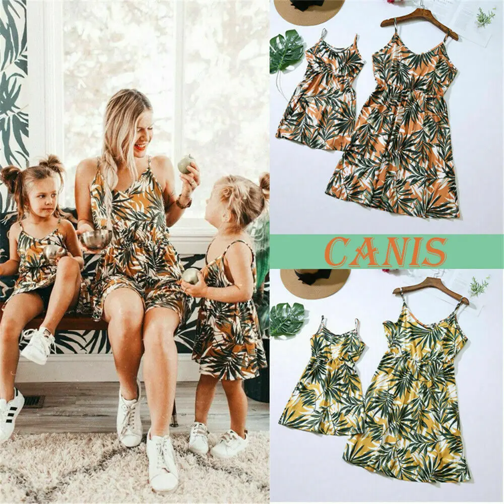 2019 ropa de bebé de Verano de la familia vestido a juego ropa de las mujeres chica madre hija vestido sin mangas estampado de hojas playa vestidos