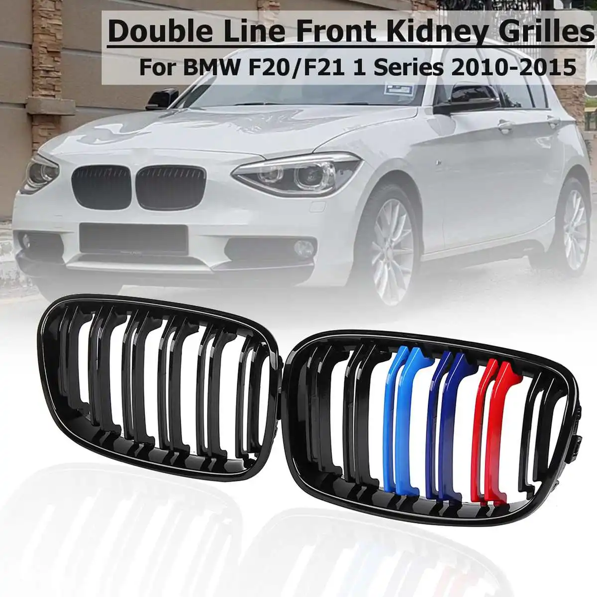 

For BMW F20 F21 1 Series 2010 11 12 13 2014 1Pair Car Gloss Black M-Color 2 Slat Line Front Center Kidney Grills Racing Grill