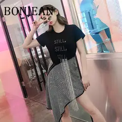 Bonjean 2019 нерегулярные Топы + юбка комплект для Для женщин летние комплекты из двух предметов черная рубашка и асимметричная юбка с Кристалл