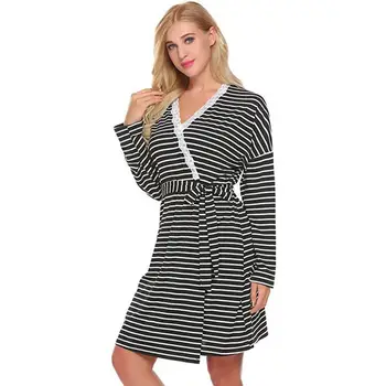 

New striped lace fashion nightdress pregnant women breastfeeding Long Sleeve Stripe Split Maternity Pregnancy Nursing Nightgown
