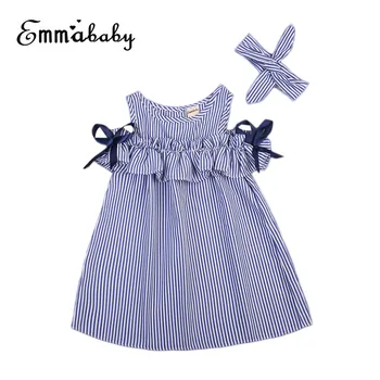 Summer Off Shoulder Dress For Girls Cute Newborn Baby Girls Short Sleeve Dress Princess Party Dresses 2018 New Striped Vestidos girls off shoulder flounce sleeve striped top