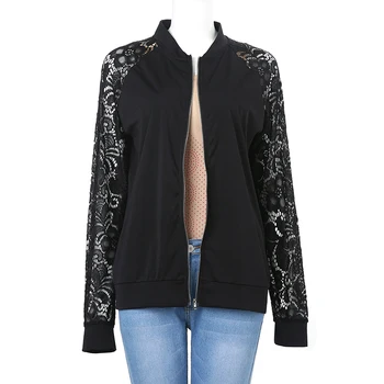 

Bomber Jackets Autumn Casual Women Long Sleeve Black Lace Jacket Coat Outwear Zipper Chaquetas Mujer Plus Size embroidery