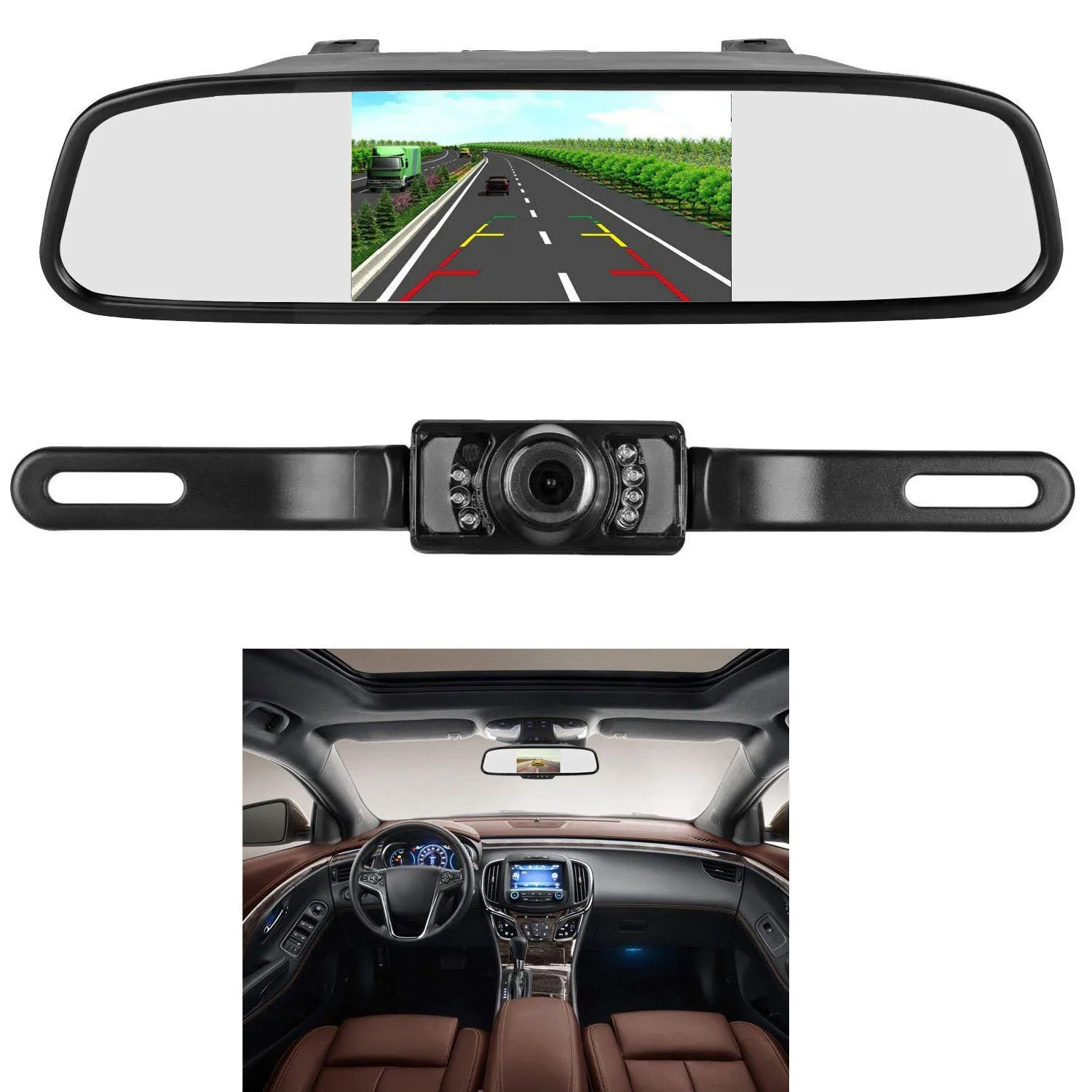 

Backup Camera And Monitor Kit,4.3 Inch Car Vehicle Rearview Mirror Monitor For Dvd/Vcr/Car Reverse Camera + Cmos Rear-View Lic