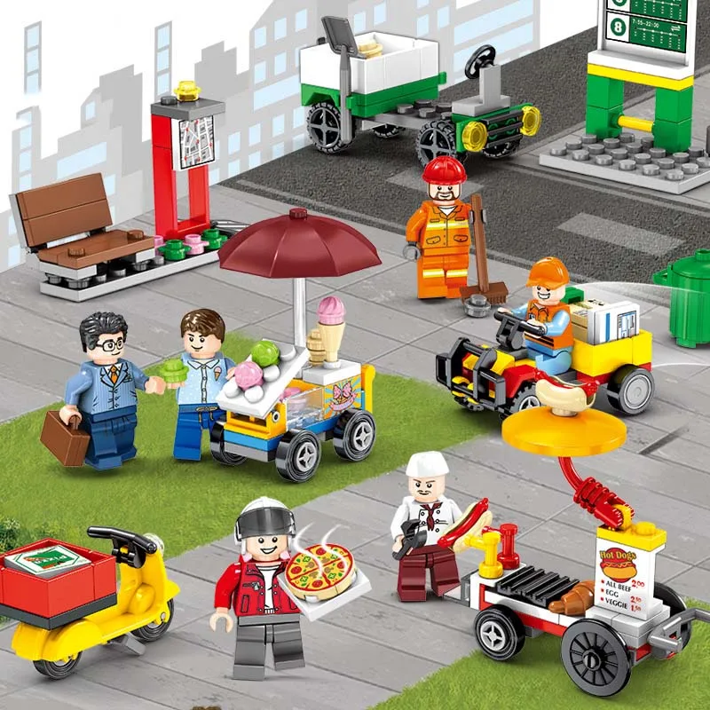 

City Creative Street View Series Street bus station mini mobile ice cream sales car Building Blocks Toys for children gifts