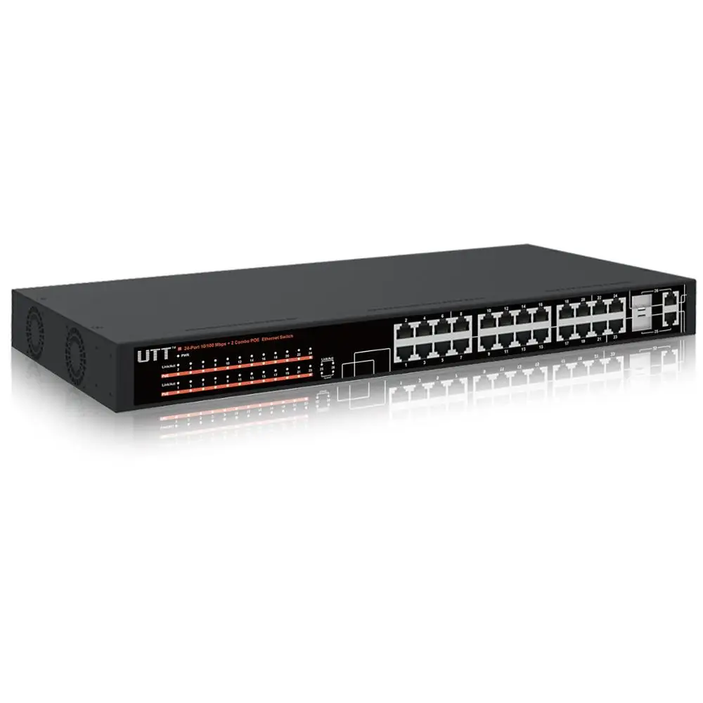 UTT S1242P 24-портов неуправляемый Fast ethernet POE коммутатор, 24 портов POE 260 Вт, 802.3af/at, плюс 2 GE Комбинированных Портов