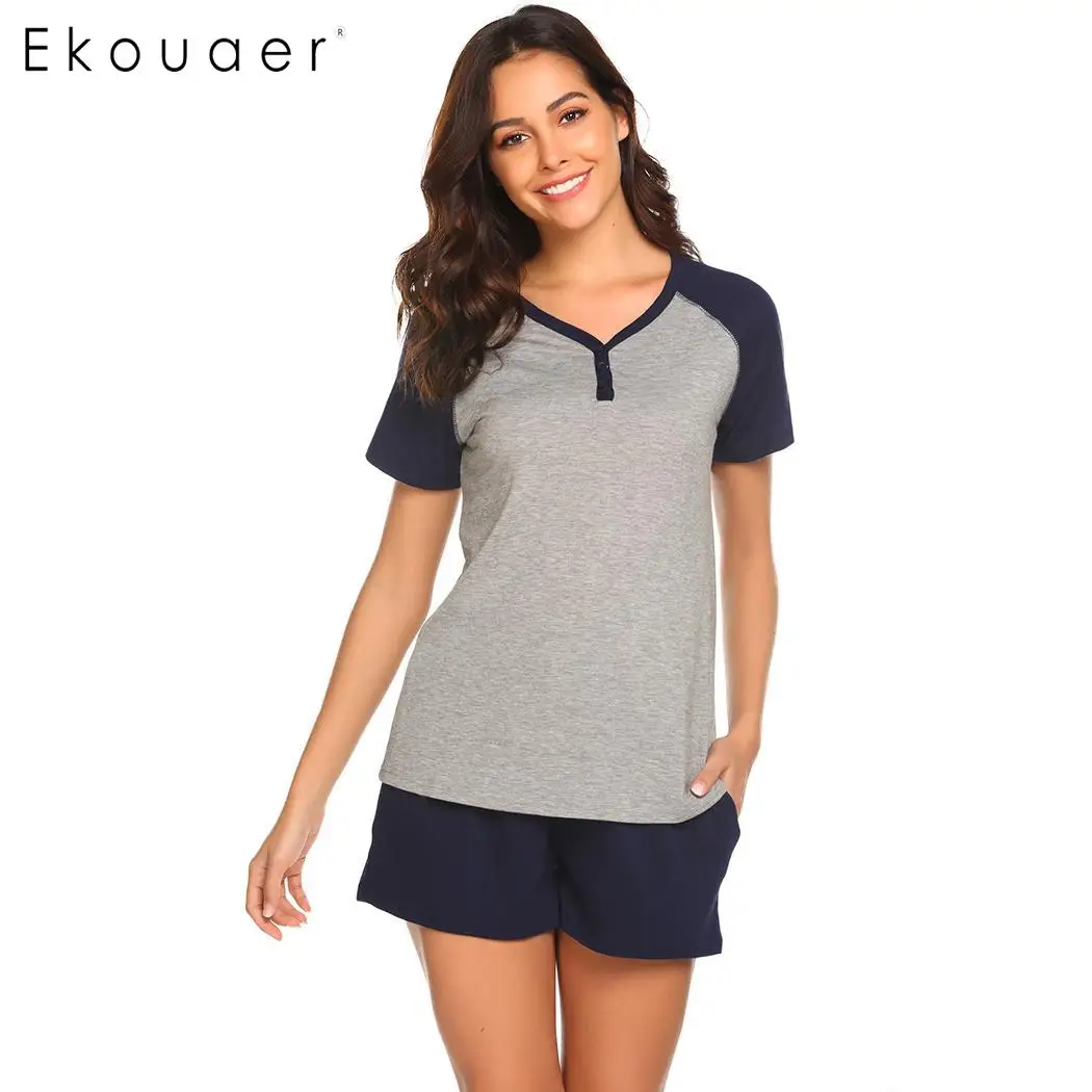 

Ekouaer Women Nightwear Pajamas Set Contrast Color Casual Short Sleeve Button Homewear Loose Shorts Pajama Set Sleepwear Clothes