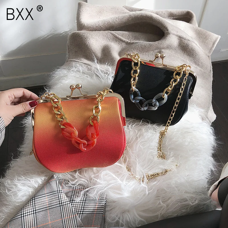 

[BXX] 2019 New Pink Color Soft PU Leather Single Chain Strap Clip Closure Women Panelled Messenger Bag Handbags All Match NA636