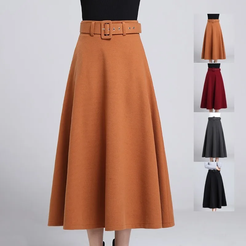 

#0202 Winter Ladies Wool Skirts A-line Midi Skirt With Belt Elegant High Waist Long Woolen Skirts Women Fashion Red/Grey/Black