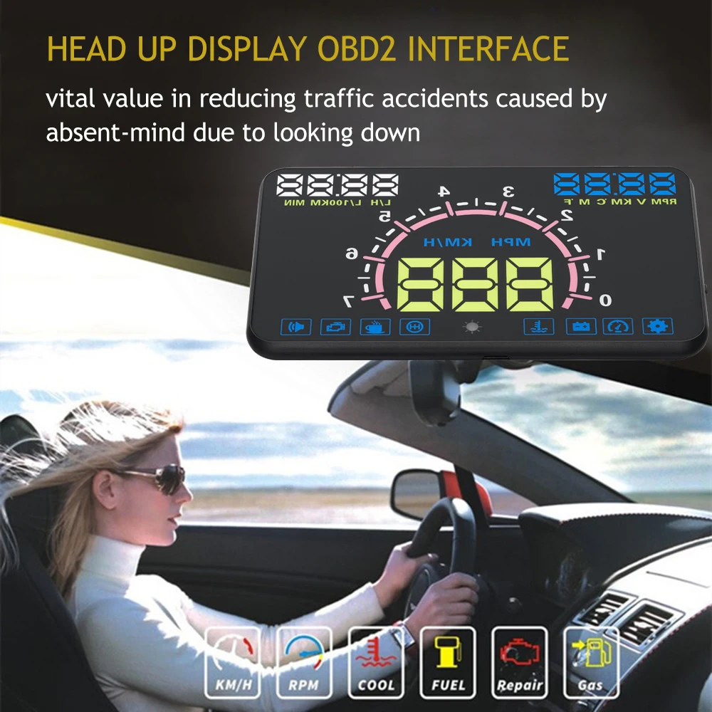 5.5 Inch Auto OBDII OBD2 Port Car Hud Head Up Display KM//h MPH Overspeed Warning Windshield Projector Alarm System