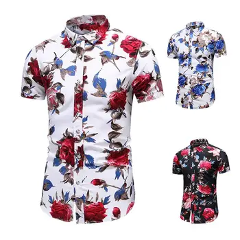 

Flower Shirt Men Floral Blouse Men Turn-down collar Hawaiian Style Casual Male Shirt Fashion Short sleeve Summer Blue Red