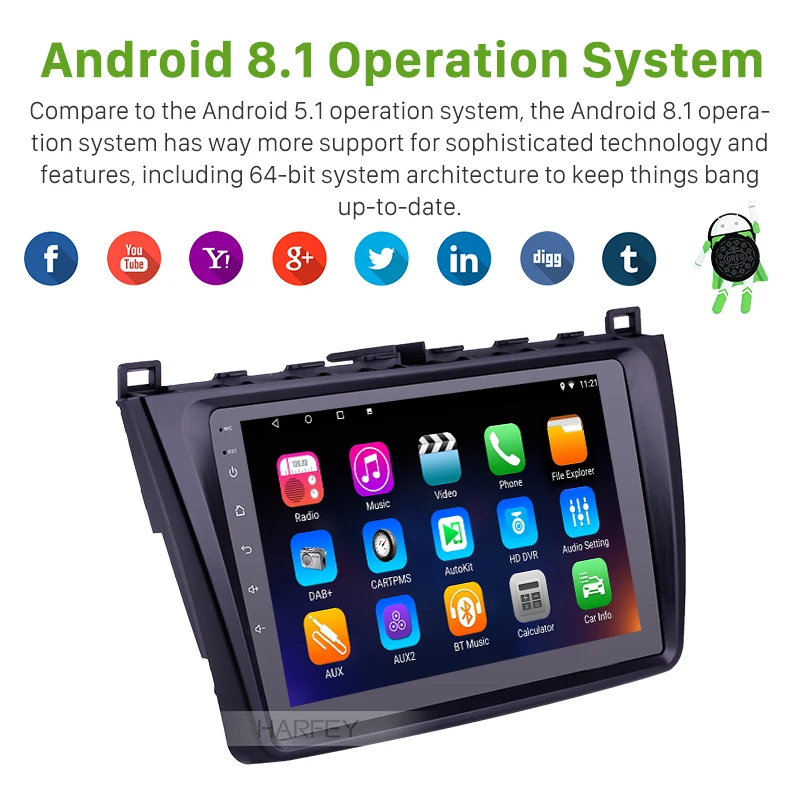 Top Harfey 9 inch  HD 1024*600 Android 8.1/7.1 Car GPS Navigation Radio Multimedia Player For 2008-2015 Mazda 6 Rui wing head unit 1