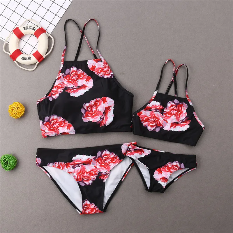 

Family Matching Swimwear Mother Daughter Floral Print Bikini Sets Women Baby Girls High Waist Swimsuit Swimming Costume