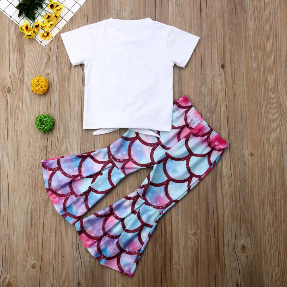 Летние комплекты одежды для маленьких девочек; От 0 до 5 лет; топы с короткими рукавами; футболка; расклешенные брюки; одежда; Sunsuit
