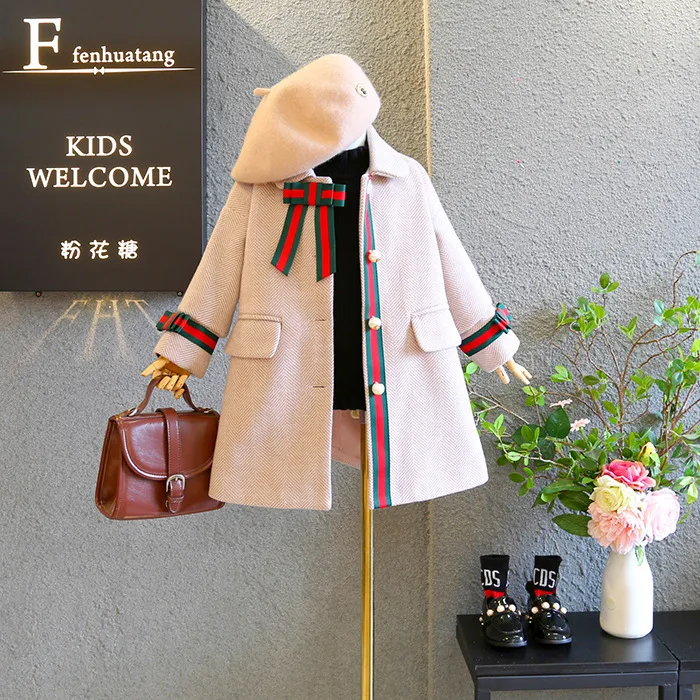 

2019 Winter Little Girls Twill Woolen Coats Baby Girls Bowknot Long Coats Single-breasted Princess Pearls Button Jackets Beige