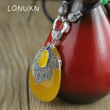 

High quality 925 sterling silver necklace yellow Chalcedony natural semi-precious stones leaves shape big water drop pendant