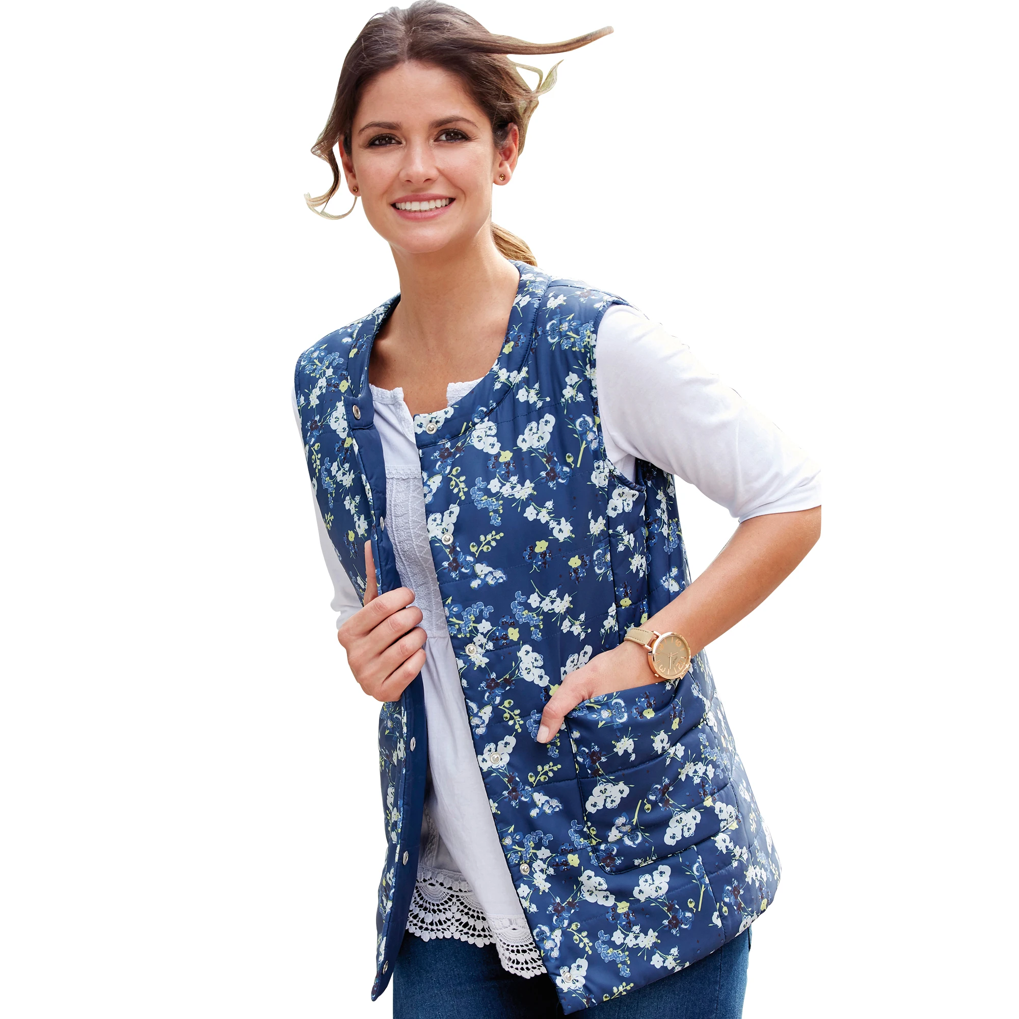 Women's reversible quilted vest plain print on one side and embossed o