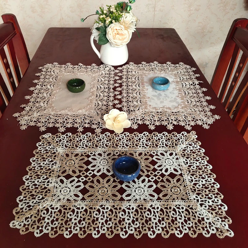 

28*45cm Modern Lace Splicing Table Mat Heat Insulation Layered Cloth Art Hollowing Out Tea Set Dustproof Decorate Christmas