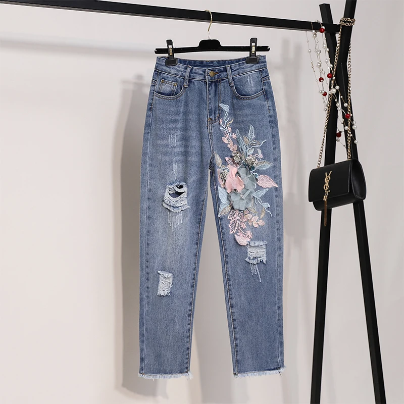 Тяжелая работа вышивка цветок футболки+ джинсы женские лето 2 шт модные костюмы Vogue стильные европейские модные комплекты