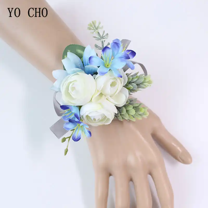 Yo Cho Weiss Silk Rosen Hochzeit Blumen Handgelenk Corsage Armband Brautjungfer Blau Brautigam Boutonnieres Manner Ehe Hochzeit Liefert Aliexpress